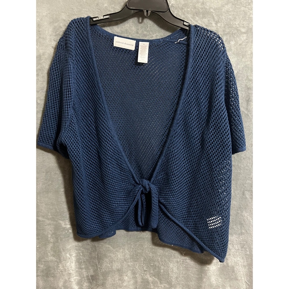 Alfred Dunner Navy Blue Open Knit Tie Front Short Sleeve Cardigan XL